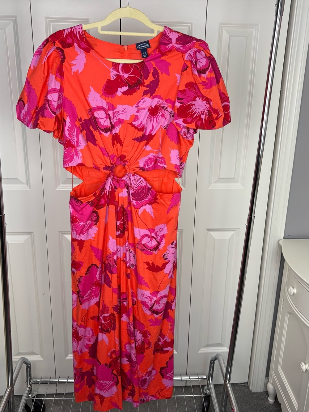 SCOOP Cotton Orange Floral Puff Sleeves Dress with cut outs
